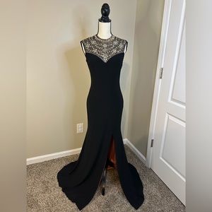 Betsy & Adam NWT Black High-neck, open-back jeweled gown